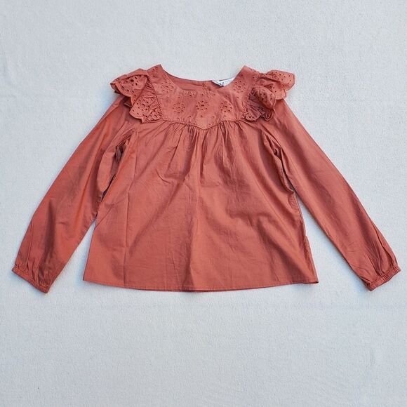 H&M rust long sleeve shirt with ruffle accent strip over the shoulders - Picture 1 of 8